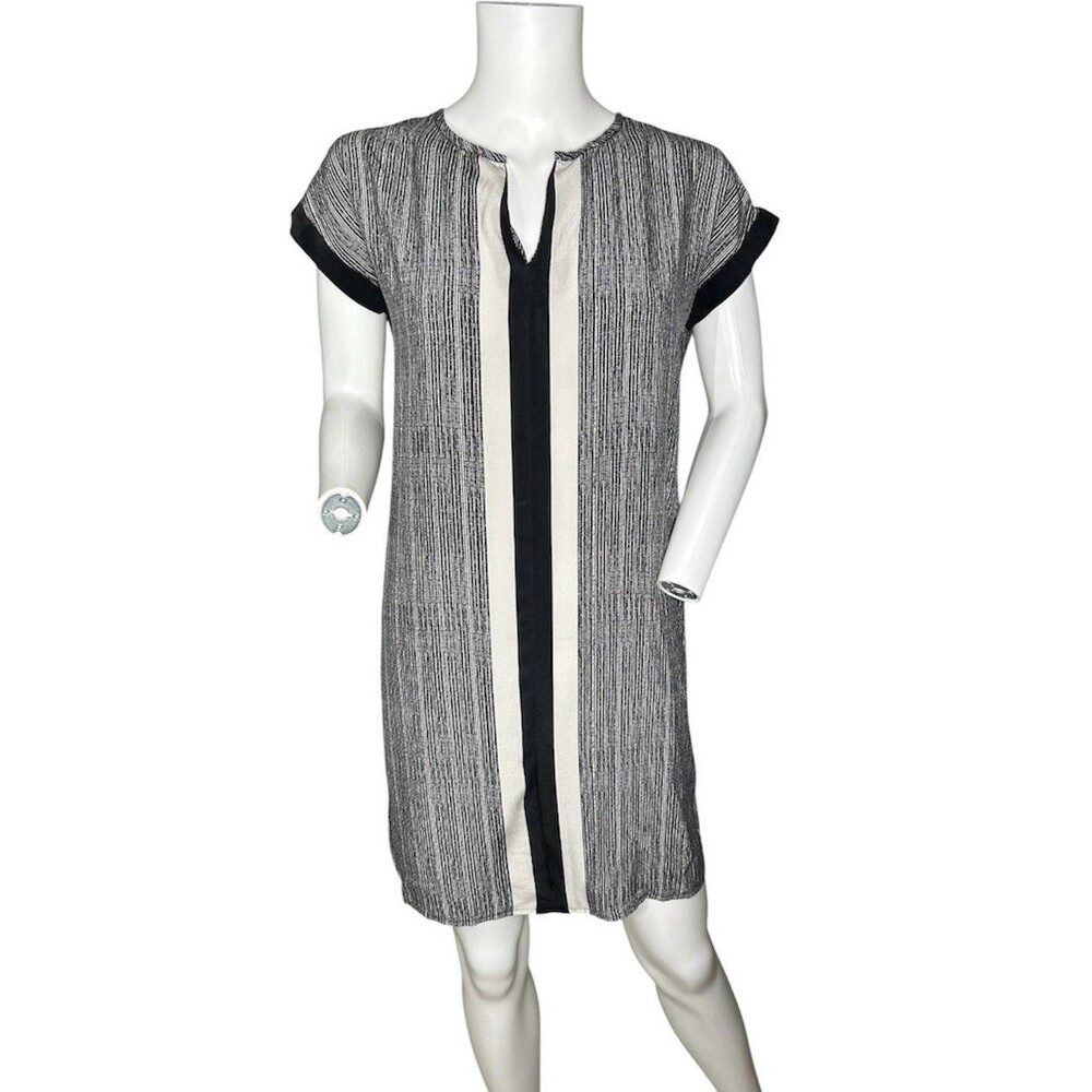 Cynthia Rowley Women Black Beige Striped Mini Shift Tunic Dress 100% Silk Size 2